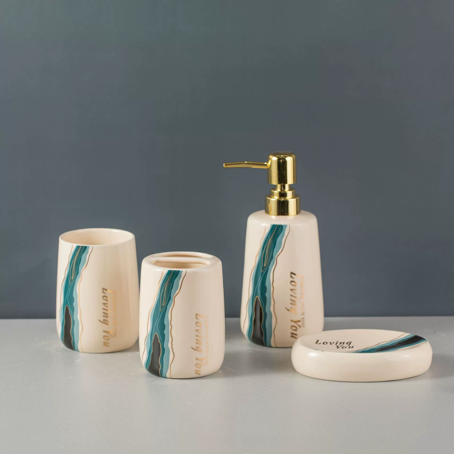 Ceramic set, soap, hygienic container, hand sanitizer, mouthwash, light luxury style, 4 piece set