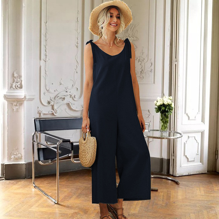 Amazon Comercio exterior transfronterizo europeo y americano 2022 verano moda femenina con cordones sueltos rectos pantalones de una sola pieza de color sólido