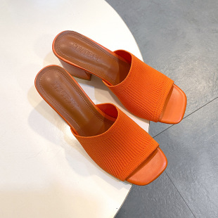 Cross-Border 2025 European and American Export New Women's Shoes Fashionable Flip-Flops Thick Heel Knitted Wool High Heel Square Toe Sandals