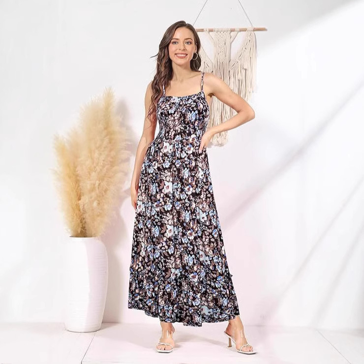 Women's 2025 Summer dress Sleeveless Floral Thin Shoulder Strap Pleated Bohemian Beach Long Dress with Pocket Women's 2025 Summer dress Sleeveless Floral Thin Shoulder Strap Pleated Bohemian Beach Long Dress with Pocket