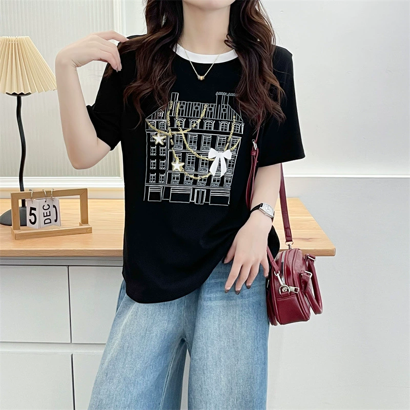 Модная футболка с коротким рукавом, полноразмерная, круглый ворот, стиль Chanel
