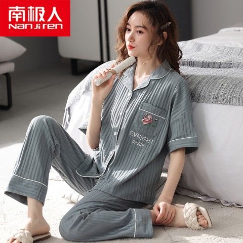 100% pijamas pantalones de algodón de manga corta de verano para mujer cardigan más el tamaño de algodón suelto ropa de casa de dos piezas