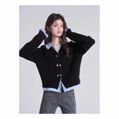 学院风假两件拼接翻领针织开衫女2025秋冬新款毛衣外套短款上衣潮
