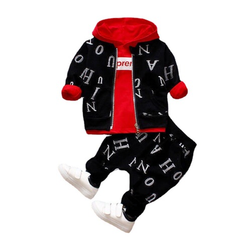 New Spring and Autumn Style Children's Zip-Up Shirt Set of Three for Little Kids, Baby Full Print Letter Hooded Long-Sleeve Sweatshirt Outfit