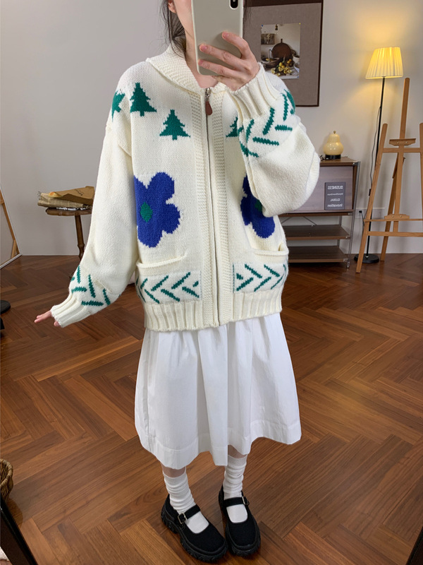 撞色花朵重工提花开衫毛衣女2025秋冬新款韩版宽松翻领针织外套厚|undefined
