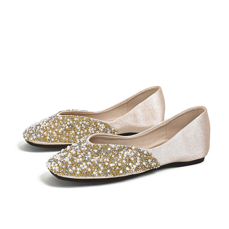 Hidden Heel Shallow Mouth Pointed Toe Flat Soft Sole Women's Shoes With Rhinestones And Pearls, Youthful Style,_vogvips.com