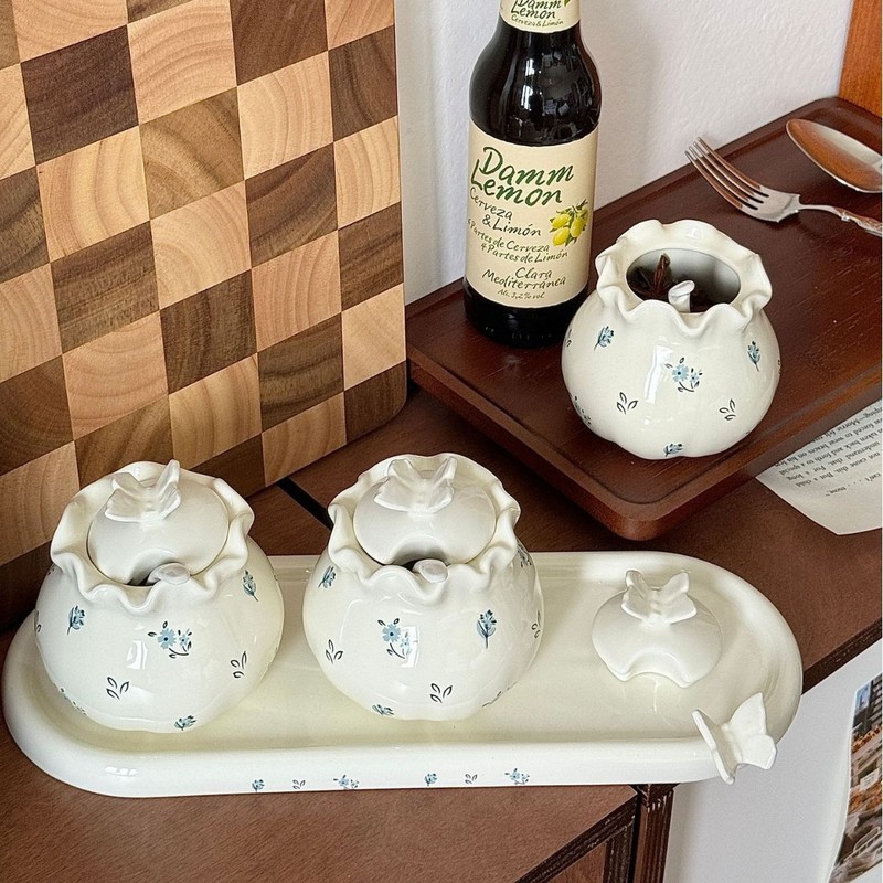 クリーム蝶花柄セラミック家庭用高温耐性レトロキッチンオイルスパイシーチリオイル蓋付き|undefined