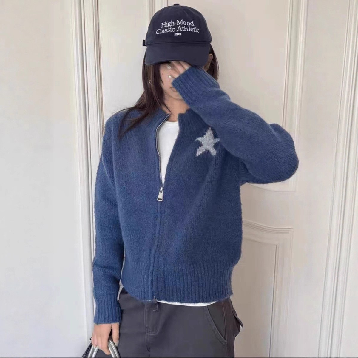 个性立领星星数字提花毛衣女秋冬新款美式复古双拉链针织棒球服