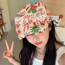 日系可爱涂鸦前进帽女个性复古童趣贝雷帽搞怪短檐画家帽子百搭潮
