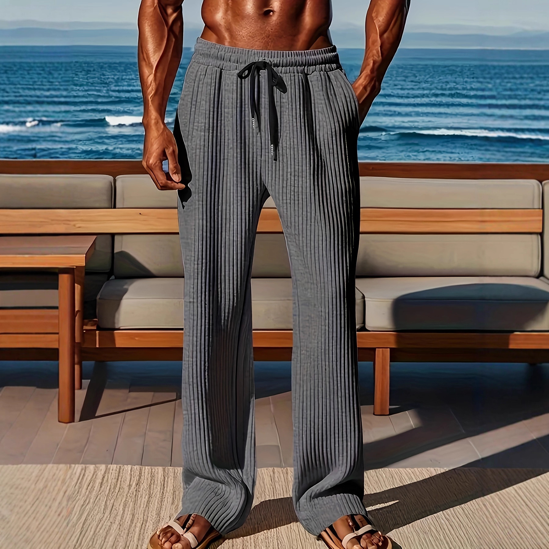 Men's Casual Straight Leg Pants With Elastic Waist - Street Style Comfort Stretch Pure Color Trousers For Daily Wear_viptrois.com