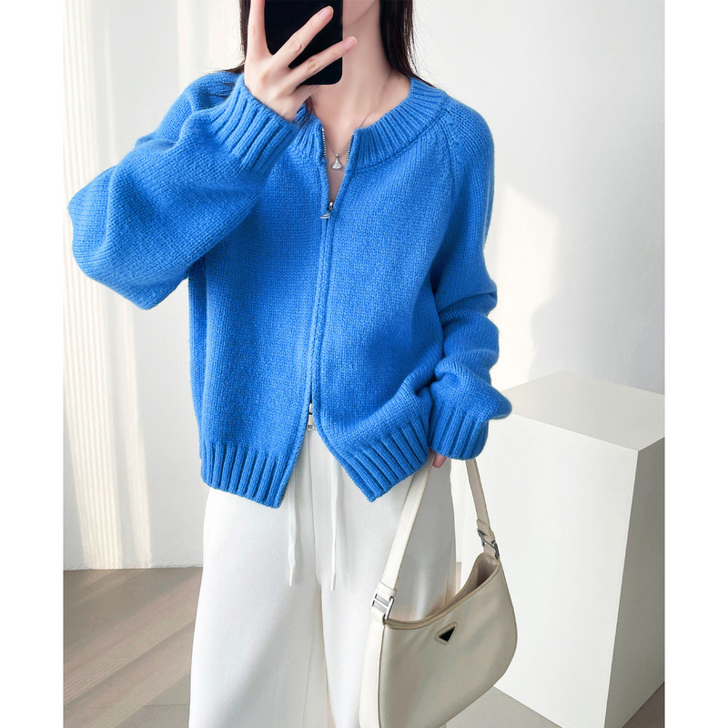 Blue Round-Neck Lazy Style Long-Sleeved Sweater Jacket 2026 New Autumn and Winter Thickened Double Zipper Knitted Cardigan for Women