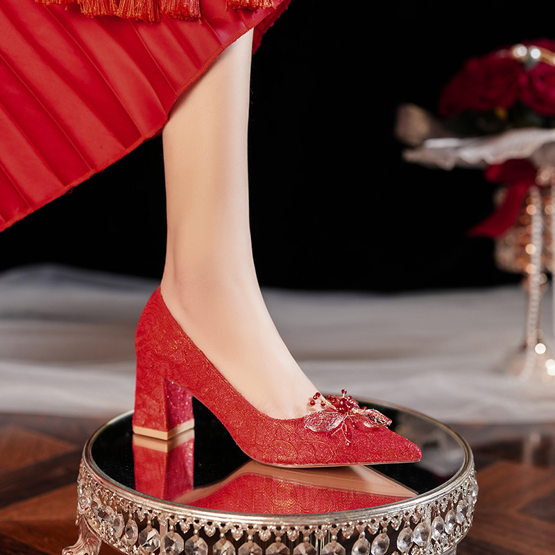 6555G-046 Bowknot Flower Pointed Toe Chunky Heel Women's High Heels Dress Red Wedding Bride Single Shoes_voghion.com