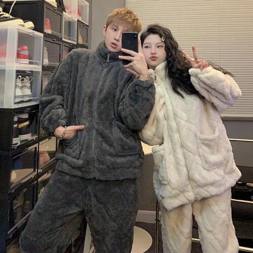 Ash Beige Zippered Coral Fleece Padded & Thickened Pajamas—Autumn/Winter Hot-Selling New Style Couple’s Home Wear Set