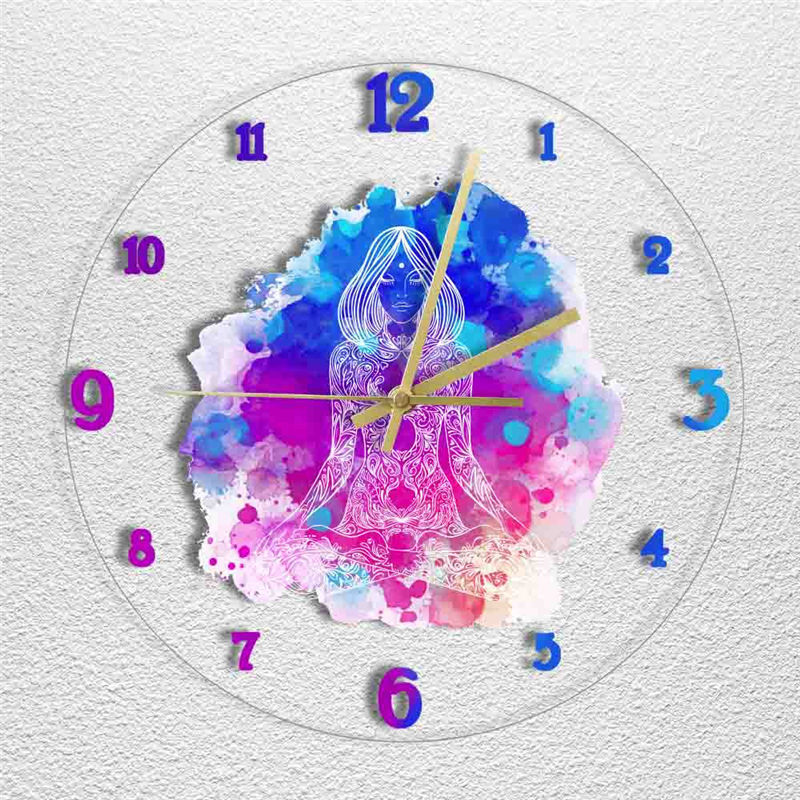 Led Light Transparent Wall Clock Yoga Lotus Position Watercolor Printing Color Clock Yoga Studio Decorative Wall Clock