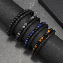 跨境时尚简约手工串珠饰品 天然火山石男士皮革手链 合金磁扣手镯