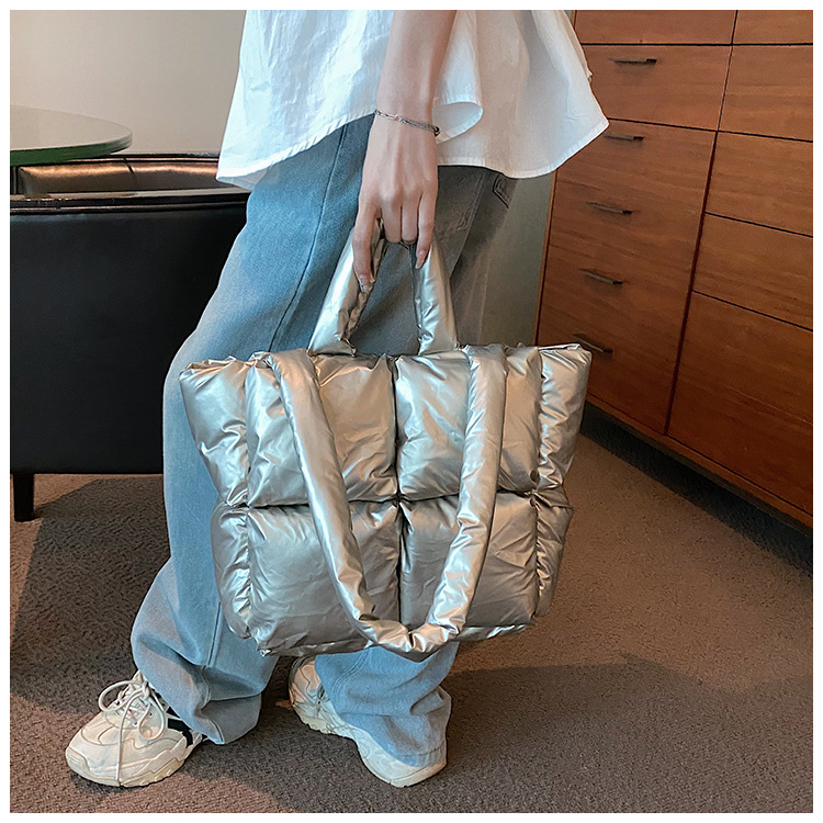 Down Bag Women Fashion Large Capacity Tote Bag High grade Shiny Handbag Simple Checkered Cotton Bag Shoulder Bag_voghion.com