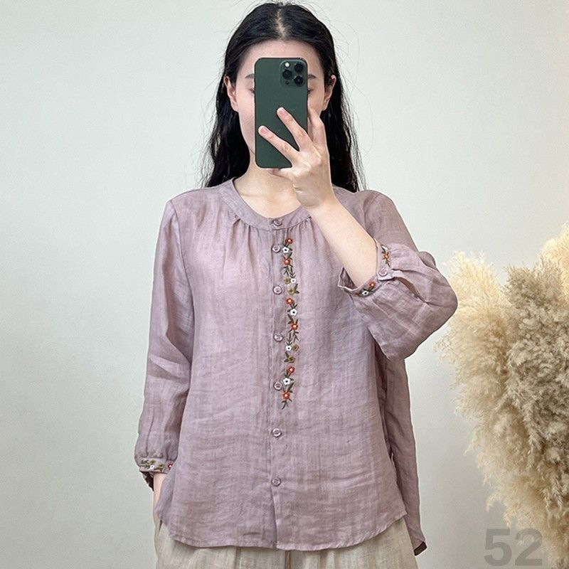 2024 Summer New Cardigan Long-sleeved Shirt Women's Cotton and Linen Round Neck Exquisite Embroidery Ethnic Style All-match Loose Slimming