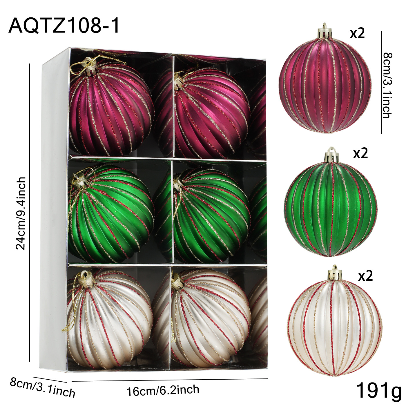 Nuevo producto 8CM bolas de Navidad en caja de color bolas de polvo adhesivo sequilla de plástico árbol de Navidad colgante decoración