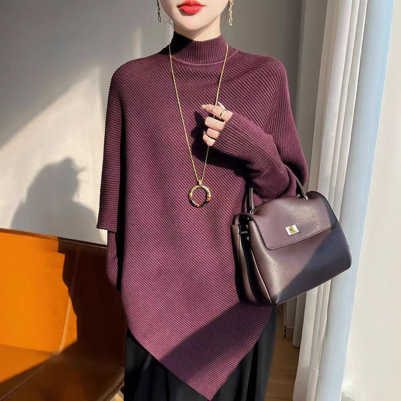 Old Money Style Minimalist Cape Sweater for Women, Irregular Slimming Batwing Sleeves, Elegant High-Neck Fashionable Knitwear Old Money Style Minimalist Cape Sweater for Women, Irregular Slimming Batwing Sleeves, Elegant High-Neck Fashionable Knitwear