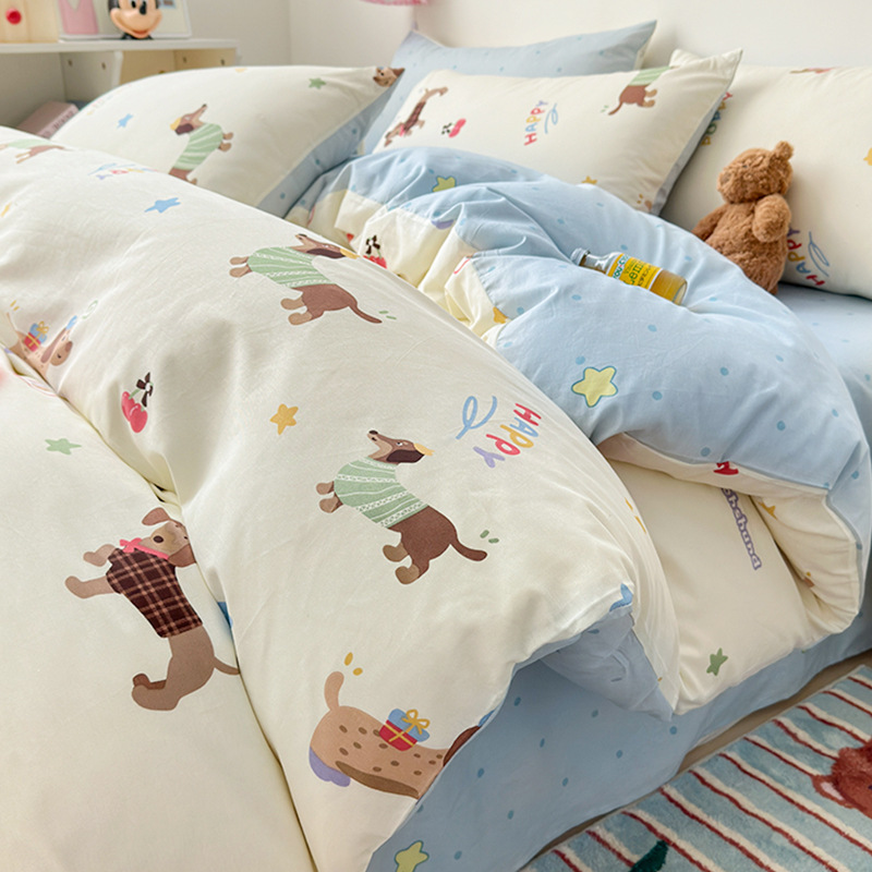 Temporada escolar cama de dibujos animados de cuatro piezas algodón puro algodón 2025 nueva funda edredón sábana dormitorio juego de tres piezas