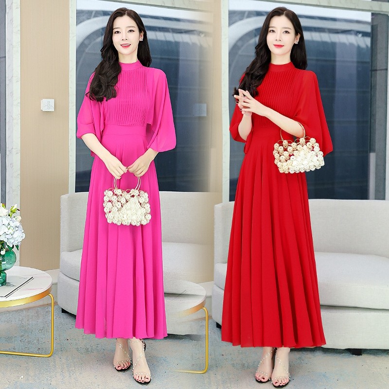 Cape Light Luxury Women's Dress with Large Bell Sleeves, Half-High Collar, Cross-Border Long Chiffon Maxi Dress with a Large Hem