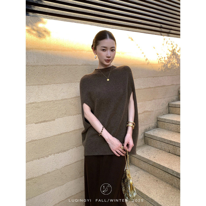 Luqingyi Original [Shengyingshan] Cape Cashmere Sleeveless French Knitwear Women's Autumn Half Turtleneck Wool Top
