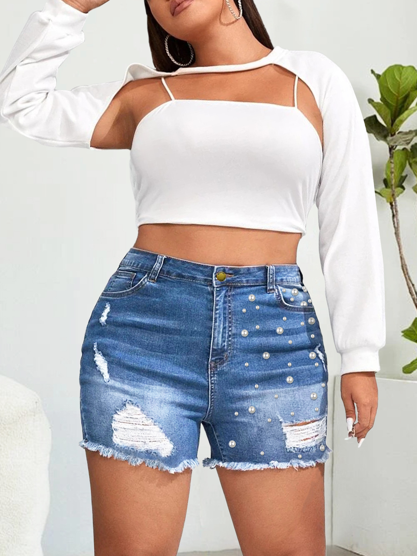 ZZ25058 # ropa de mujer europea y americana ropa de mujer gran perla agujero de clavos de perlas bordes de algodón jeans pantalones calientes mujeres