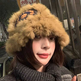 高级感兔毛帽子女手工毛绒针织国潮渔夫帽 秋冬可爱醒狮帽显脸小