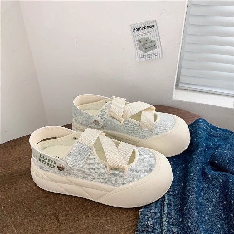 Zapatos blancos de un pie para mujeres 2024 otoño nuevos zapatos de mujer de verano Velcro zapatos casuales universales cabeza redonda