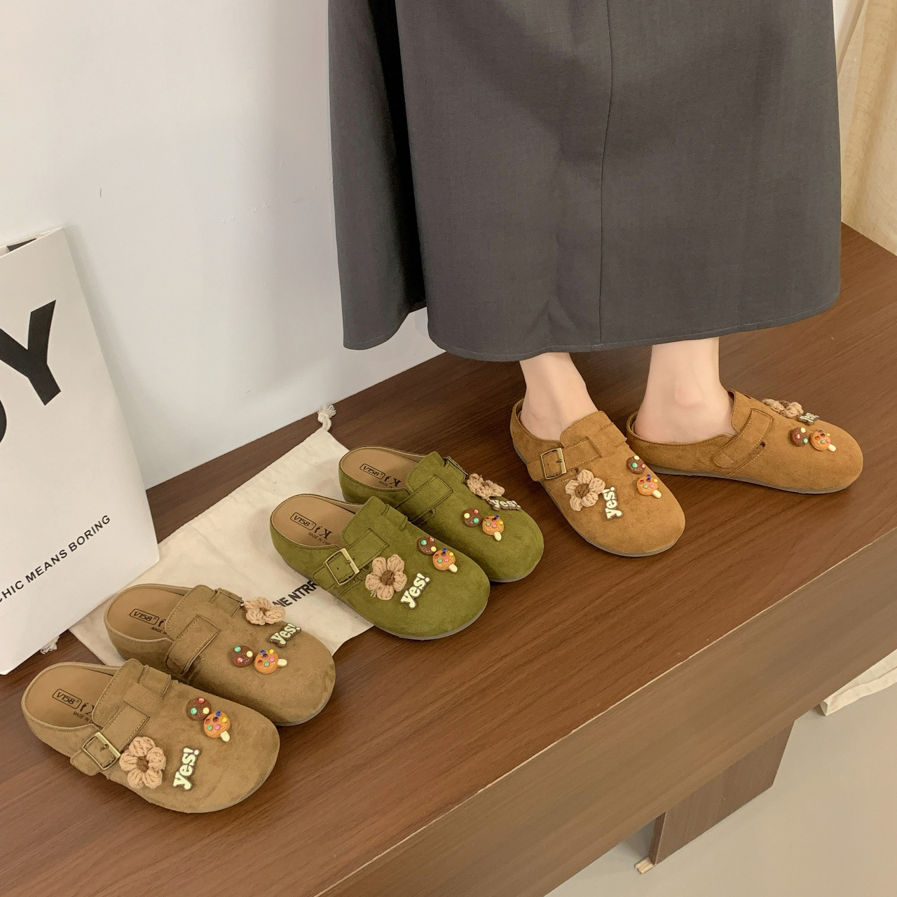 复古勃肯鞋子女外穿厚底包头半拖鞋一脚蹬花朵小拖鞋卡通装饰可爱