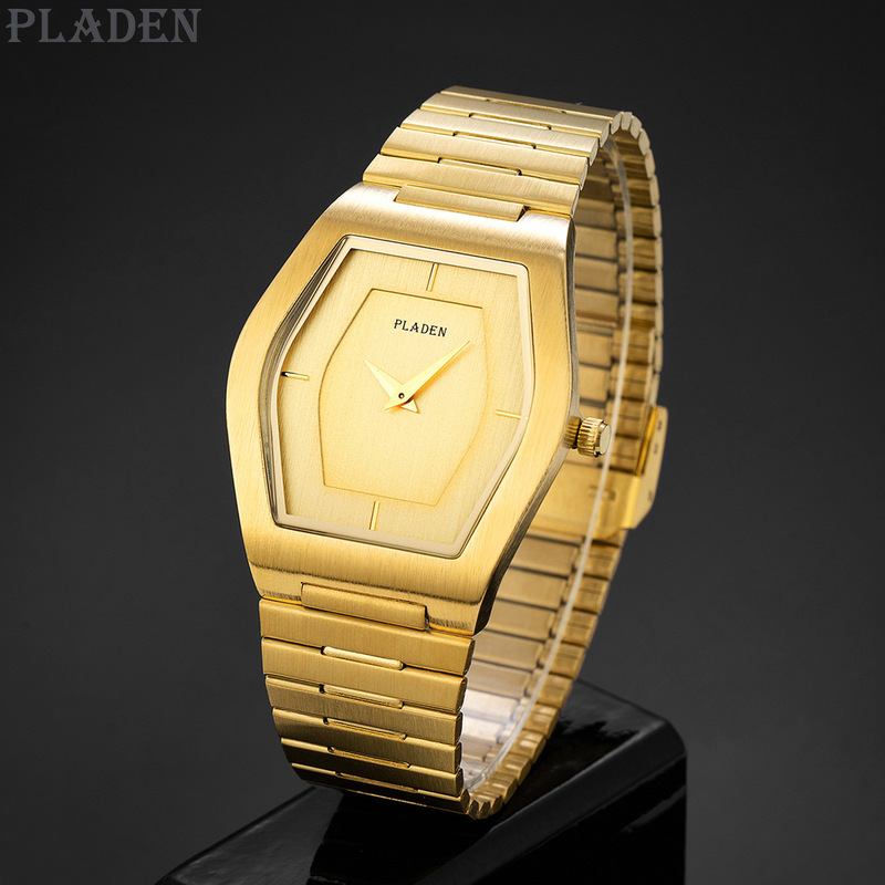 PLADEN Brand Watch Classic Barrel Luxury Gold Stainless Steel Quartz Men's Watch