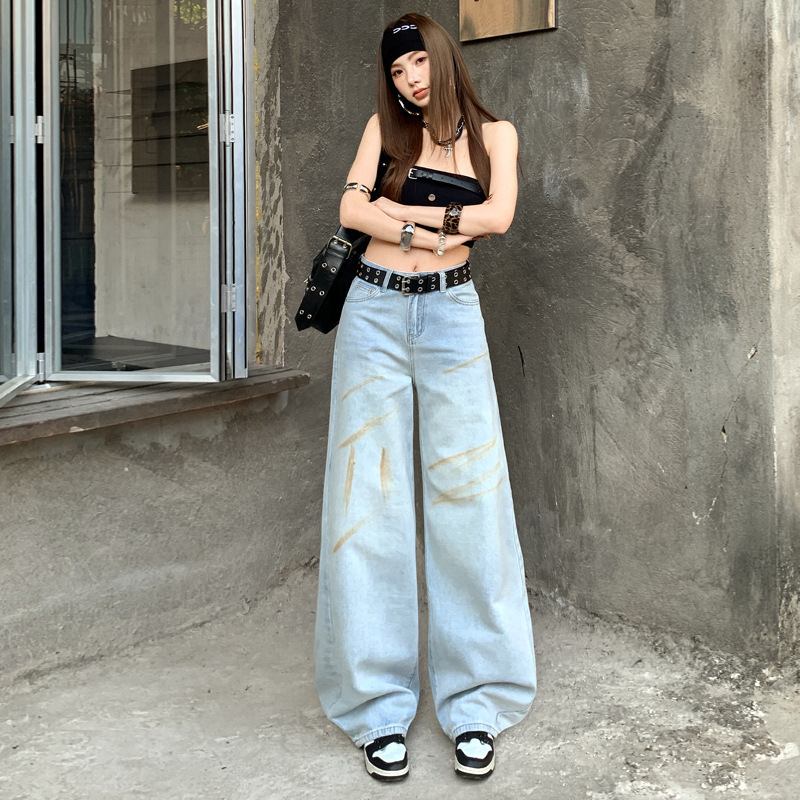 2026 Spring New Printed Heavy Craft Wide-Leg Pants Women's Straight-Leg Pants Hot Girl Retro Style Jeans Women's Other