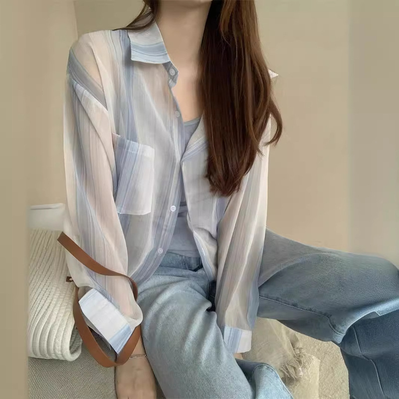 Ice Silk Sunscreen Shirt Women's Summer Thin Lazy Style Vertical Stripe Shirt Mid-length Loose Casual Outer Cardigan Ice Silk Sunscreen Shirt Women's Summer Thin Lazy Style Vertical Stripe Shirt Mid-length Loose Casual Outer Cardigan