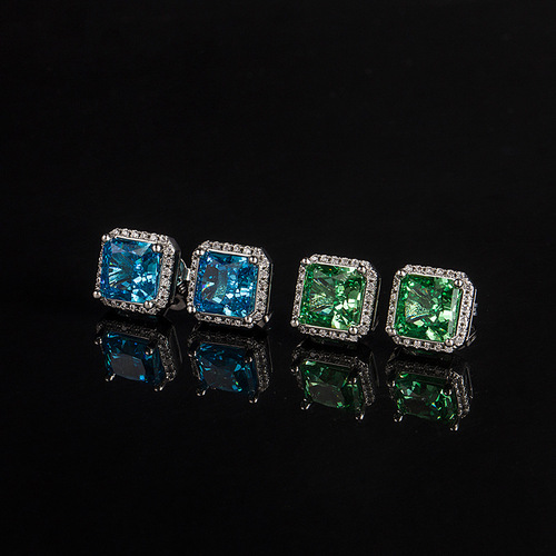 2024 new European and American style geometric square earrings light luxury sea blue ice flower cut high carbon diamond zircon earrings