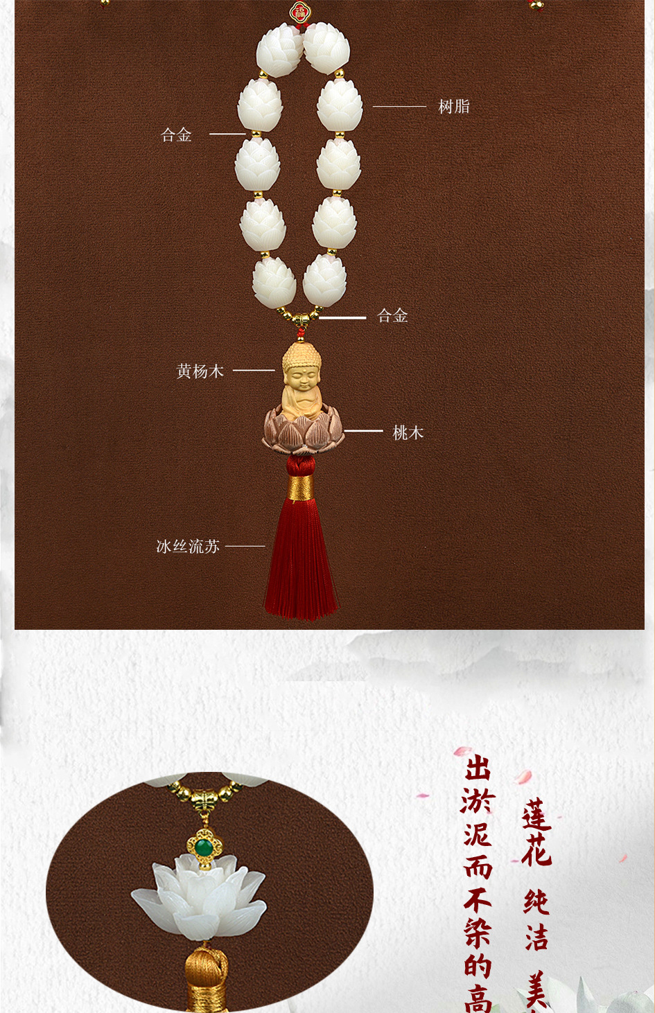 Tiktok Popular Lotus Little Buddha Car Pendant, Baby Buddha for Car Rearview Mirror, Good Luck Charm, Peach Wood Car Decoration
