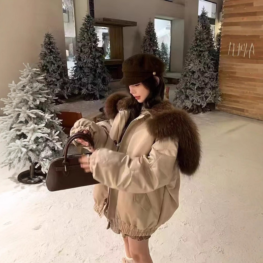 貉子毛领派克服平湖羽绒服女冬季加厚保暖90白鹅绒牛角扣连帽外套