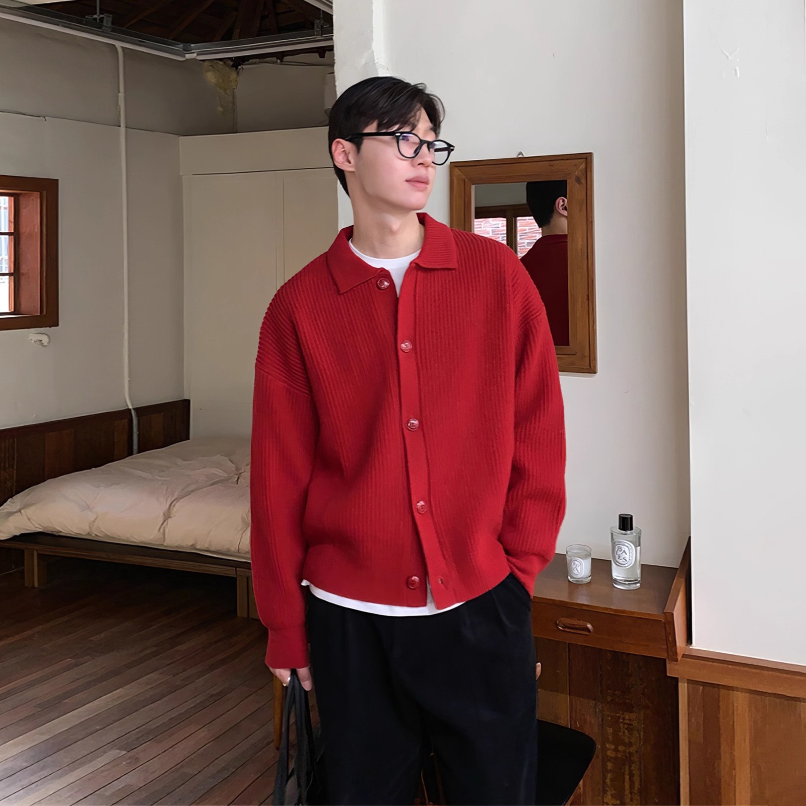 Christmas Big Red Sweater Knitted Cardigan Men's Korean Dongdaemun Festive Sweater Lapel Zodiac Year Jacket