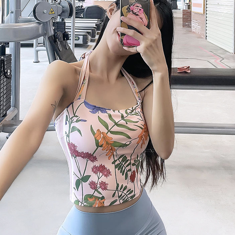 New Sexy Printed Hanging Neck Lace Gym Sports Running BRA BRA Top Sling Yoga Clothes