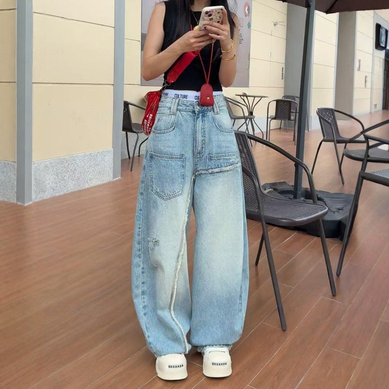 大码阔腿牛仔裤女2025新款高腰直筒裤胖mm显瘦设计宽松美式弯刀裤|undefined