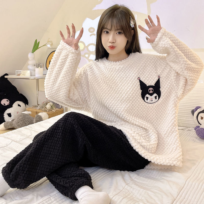 睡衣女秋冬季珊瑚绒加厚保暖韩版束口卡通可爱法兰绒家居服套装女|undefined