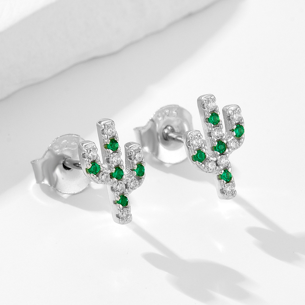 S925 cactus de plata de ley micro-incrustaciones de circón pendientes pequeñas mujeres japonesas y coreanas dulces y frescas personalidad pendientes de diamantes joyas