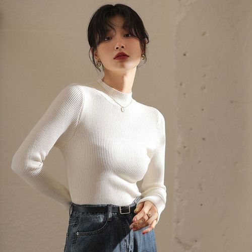Long-sleeved turtleneck knit top, unisex, pure color, Korean style, semi-high collar, slim fit, women's outerwear.