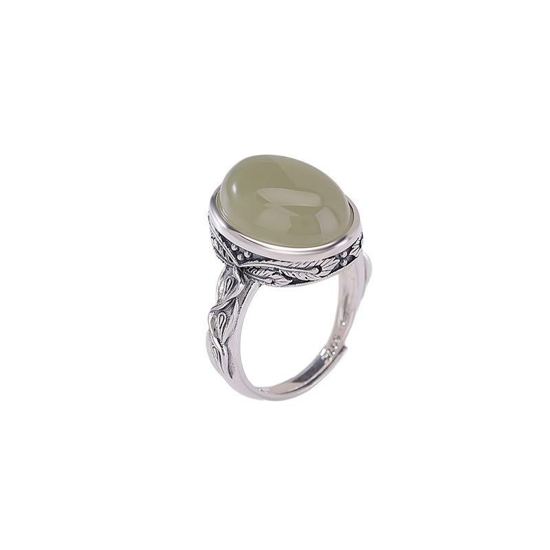 Nhẫn bạc S925 đính ngọc Hetian tự nhiên phong cách vintage mặt trứng mở điều chỉnh — một mảnh