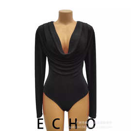 Echo连体衣修身荡领v领褶皱内搭打底衫上衣女长袖性感百搭特别