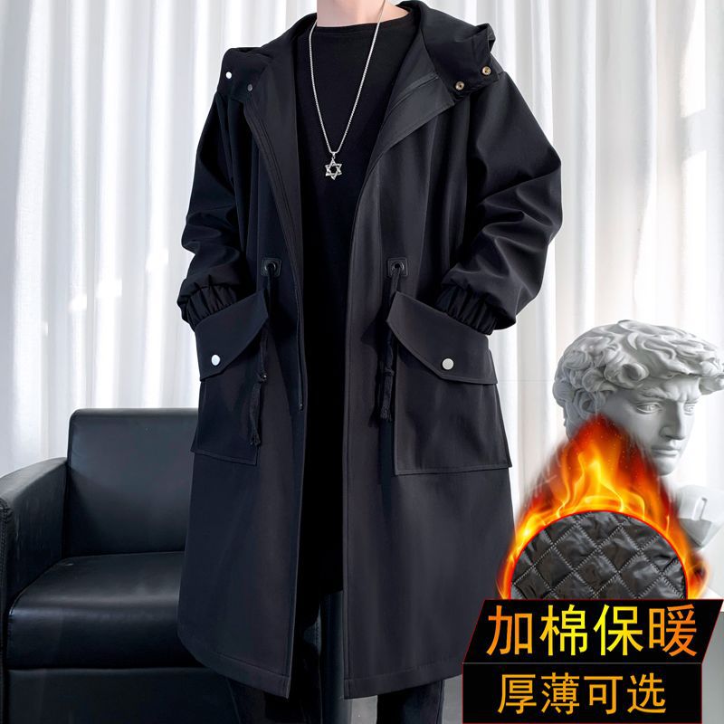 港风中长款风衣男加棉大衣帅气连帽上衣青年宽松大码外套轻奢男装