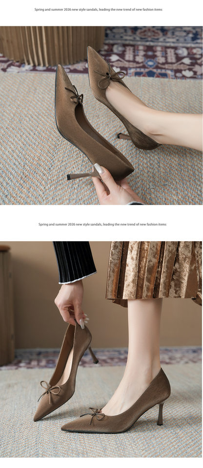 Giày cao gót nữ mũi nhọn gót mảnh 6–8 cm trang trí nơ thanh lịch, đi êm chân — Màu kaki, Màu nâu chi tiết 10