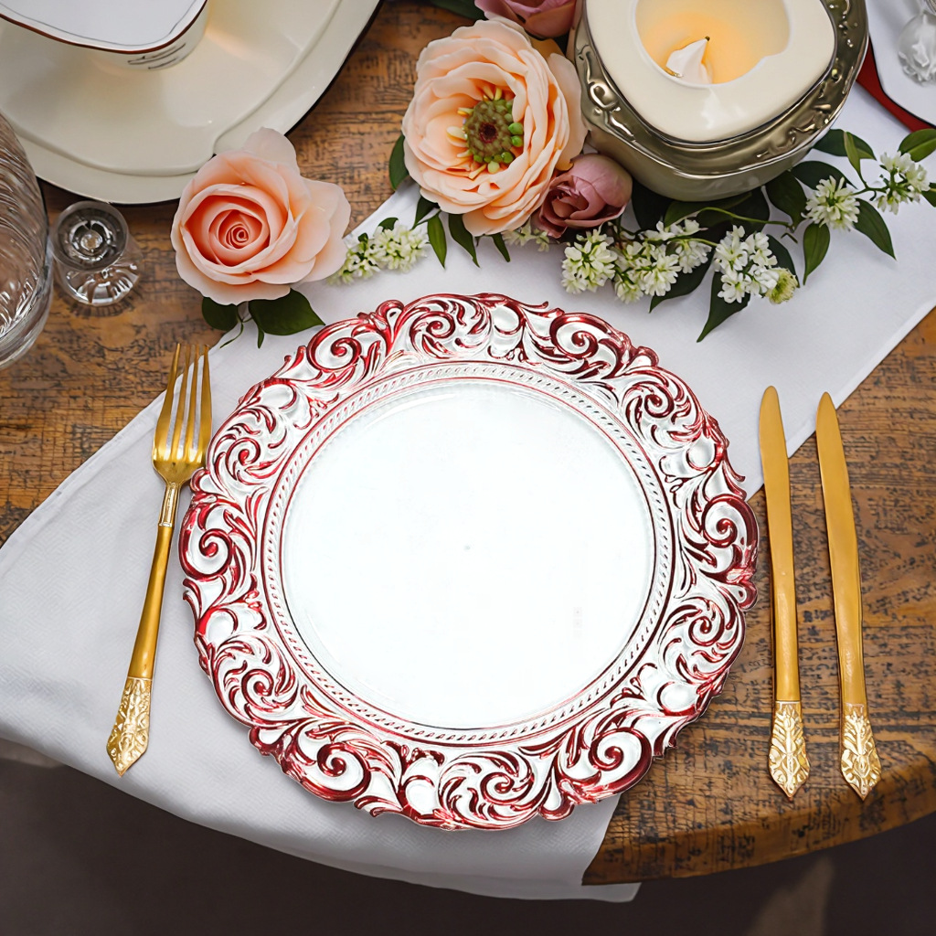 Fábrica directa de platos de banquete europeos platos de fiesta almohadilla de aislamiento térmico almohadilla de comedor occidental de fondo blanco borde rojo