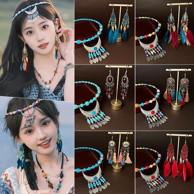 女性用ボヘミアンスタイルタッセル額飾り、エスニックスタイル額チェーン、眉ペンダント、ヘアフープ、エキゾチックなチベットファッションアクセサリー|undefined