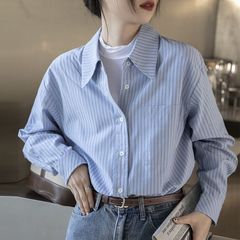 蓝色条纹衬衫女2025春秋新款设计感小众宽松显瘦春秋外穿长袖衬衣