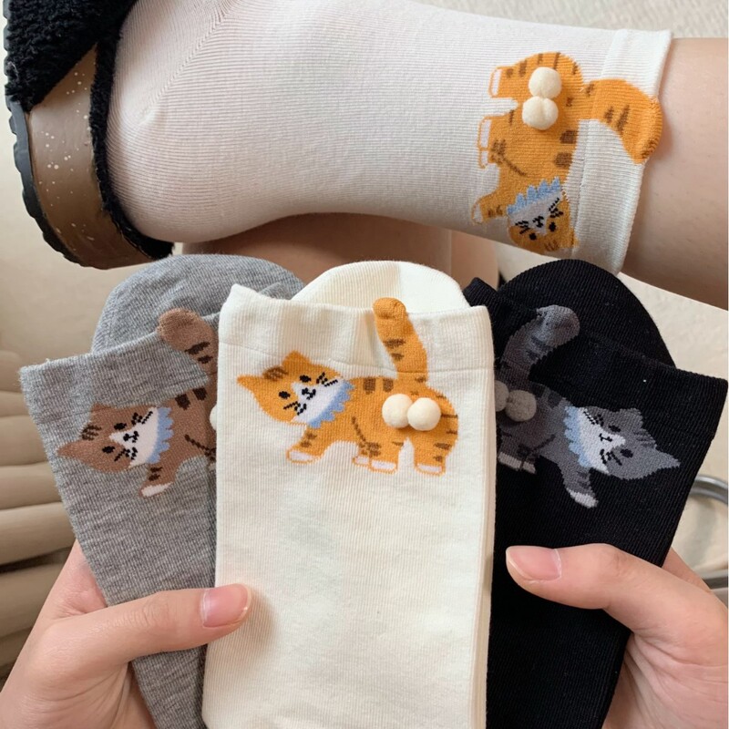 捣蛋猫猫蛋蛋袜子女ins卡通可爱搞怪立体猫咪中筒袜毛球小猫女袜|undefined